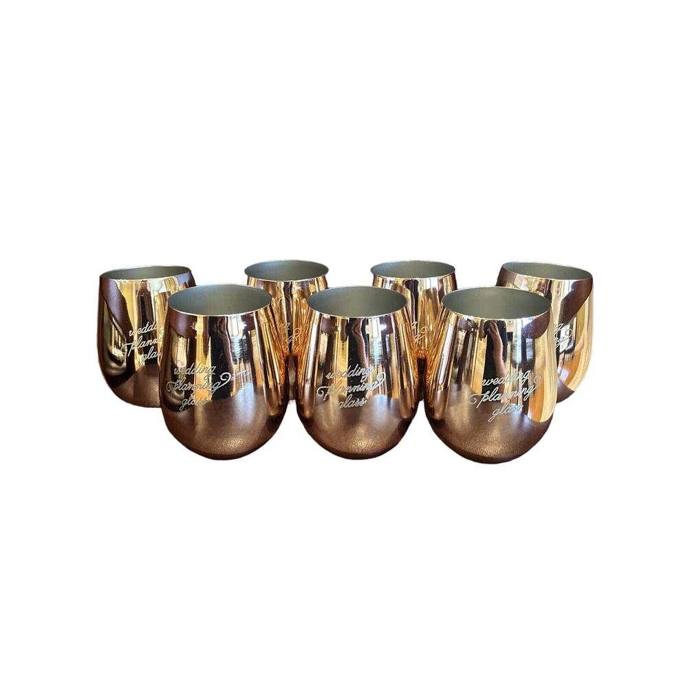 7 Wedding Planning Engagement Bridal Shower Stemless Wine Glass Pink Rose Gold